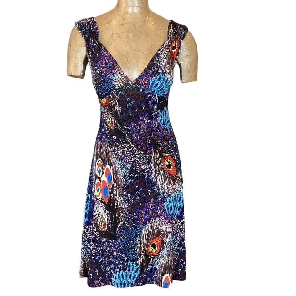 Novelty Peacock Print Slinky Sleeveless Dress w/ Cutout Back S/M 75S‎